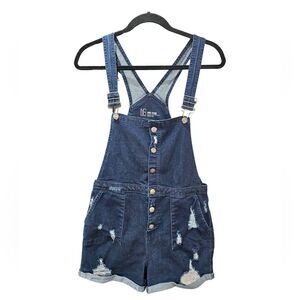 No Boundaries Mid Rise Button Front Distressed Denim Shorteralls Size 11/13